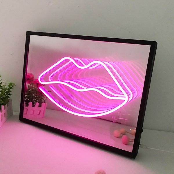 3D Magic Infinite rectangle Mirror Multi-layer Lips Neon Mirror Sign