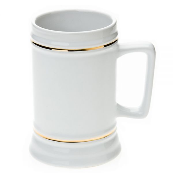 Tarro de cerveza blanco para sublimación con mango rectangular y bordes dorados de 20 oz.