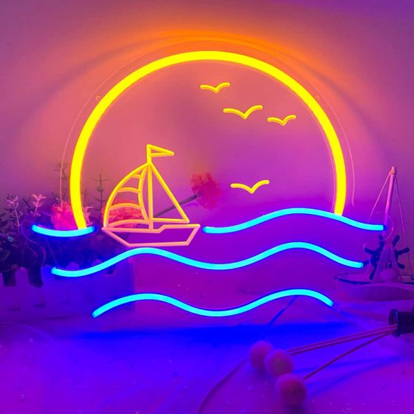 CALCA Sunset & Sea Neon Sign, Handmade Sunrise Neon Light Sign for Bedroom Wall USB 5VDC Size- 16.9X12.9inches