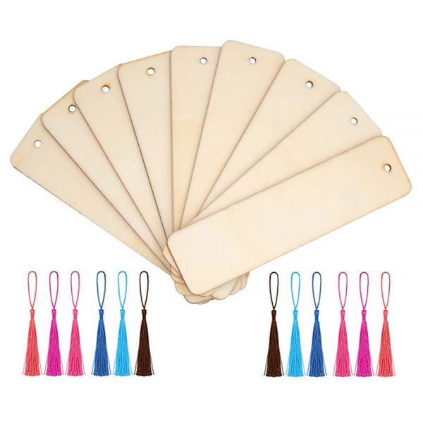 36 Pack Wood Blank Bookmarks, Wood Hanging Tags Rectangle Shape Blank Bookmark with Holes and 6 Colors Tassels for DIY Classroom Projects and Party Decor Gifts Tags