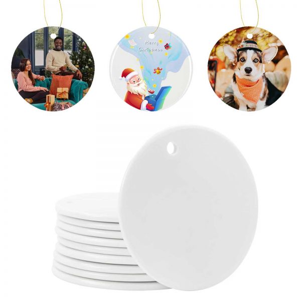 100PCS 2.8in Round Sublimation Blanks Holiday Ornament with Strings Double-sided Sublimation Ceramic Ornament, Christmas Tree Hanging, Wedding New Year Hanging Dec