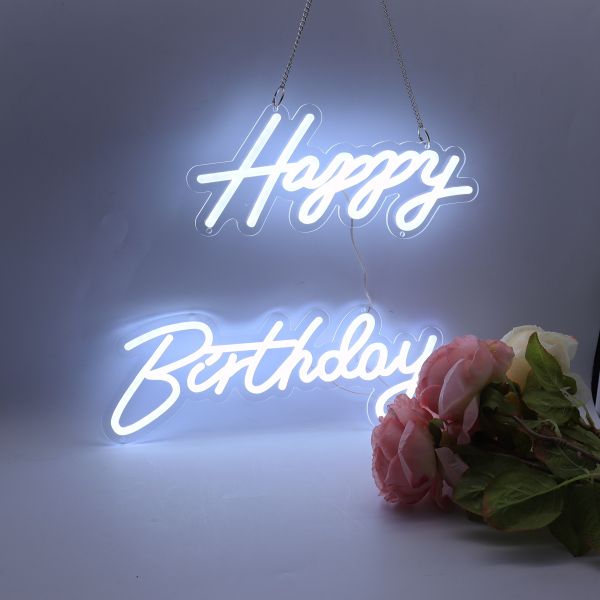 CALCA Happy Birthday Cold White Integrative Neon Sign for Birthday Party Decoration Size-18X7.05 inches+13.3X6.2 inches