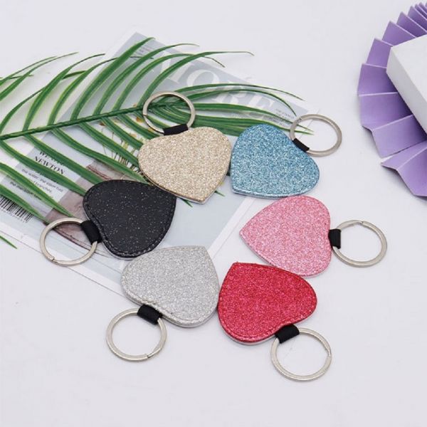 CALCA 10PC Sublimation Heart Glitter Keychains Blank White PU Leather Blanks for Promotional Gift (Single Sided)