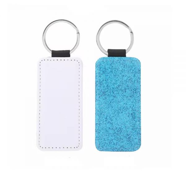 CALCA 10PC Sublimation Rectangle Glitter Keychains Blank White PU Leather Blanks for Promotional Gift (Single Sided)